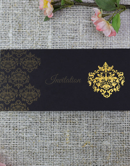 Black and Gold Damask Patterned Foiled Invitation Design ABC 740
