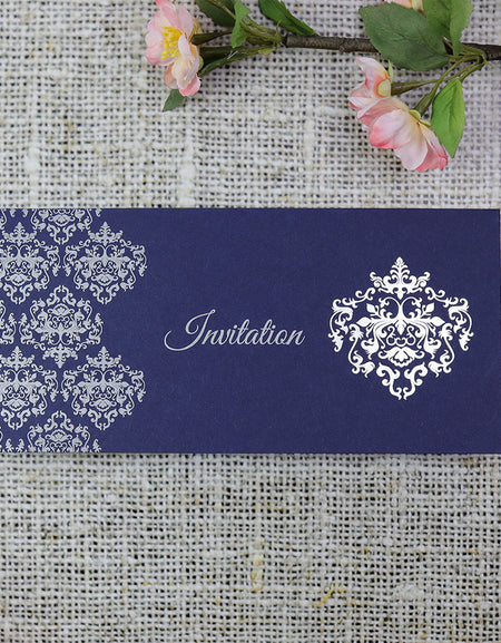 Blue & silver foiled Damask Invitation ABC 744