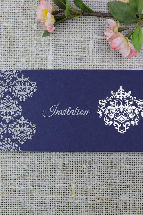 Load image into Gallery viewer, Blue &amp; silver foiled Damask Invitation ABC 744
