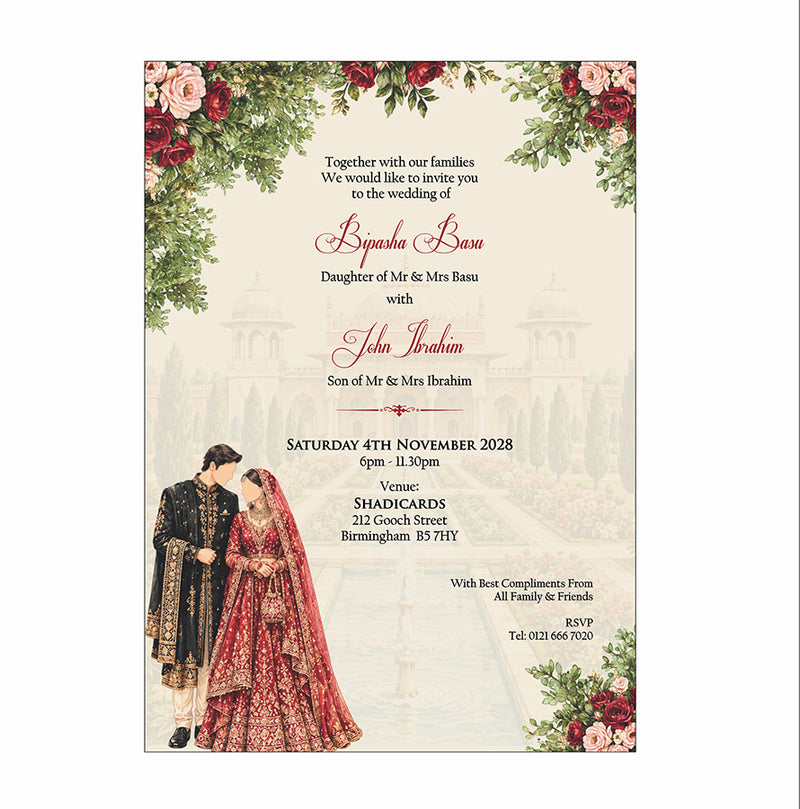 ABC 1309 Floral A5 Invitation with Bride & groom Caricature