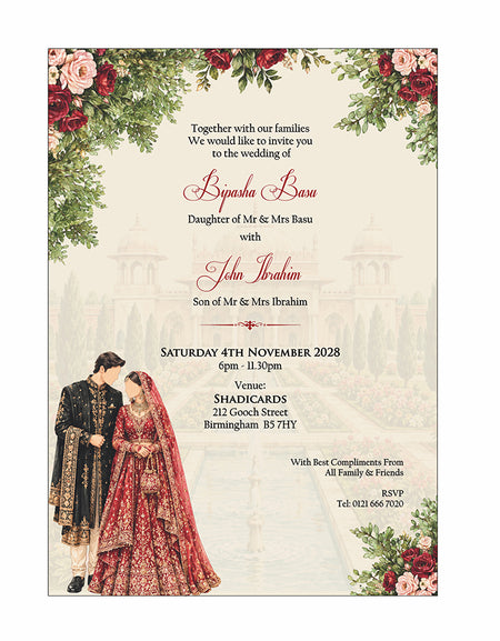 ABC 1309 Floral A5 Invitation with Bride & groom Caricature