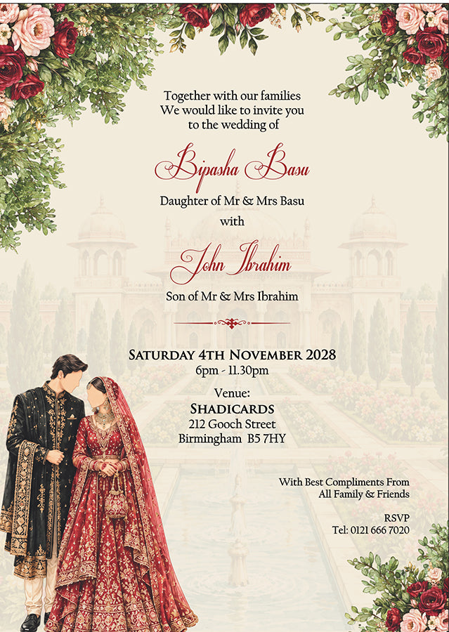 ABC 1309 Floral A5 Invitation with Bride & groom Caricature