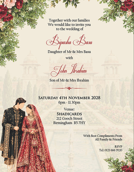 ABC 1309 Floral A5 Invitation with Bride & groom Caricature