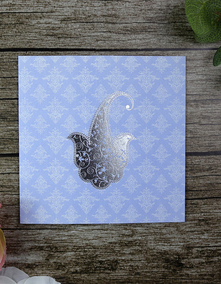 Light blue damask wedding invitation with silver foiled paisley design