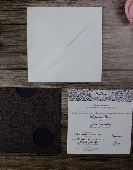 Moroccan tiles Square blue and gold pocket Invitation ABC 401