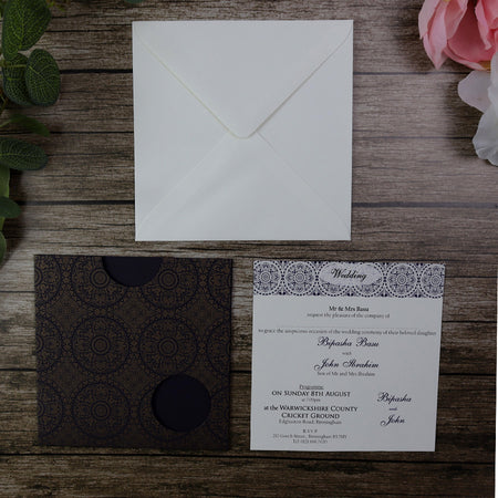 Moroccan tiles Square blue and gold pocket Invitation ABC 401