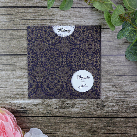 Moroccan tiles Square blue and gold pocket Invitation ABC 401