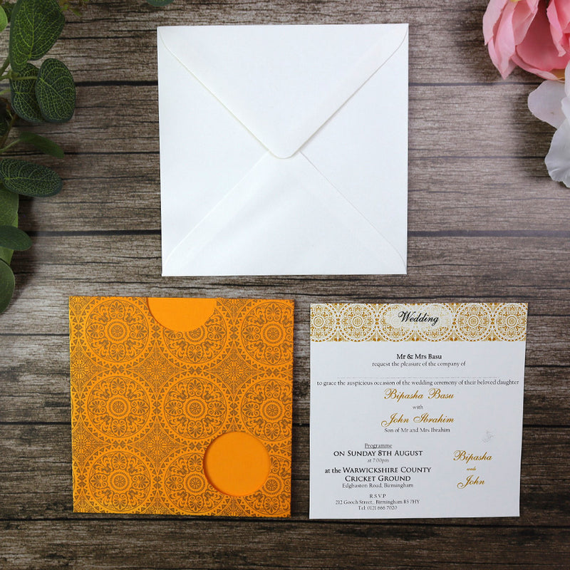 Orange and Gold Arabesque design pocket invite - ABC 410