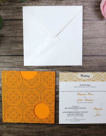 Orange and Gold Arabesque design pocket invite - ABC 410