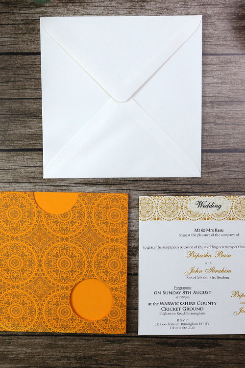 Load image into Gallery viewer, Orange and Gold Arabesque design pocket invite - ABC 410
