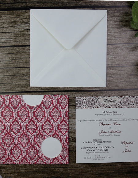 ABC 419 Amaranth red damask design pocket invitations