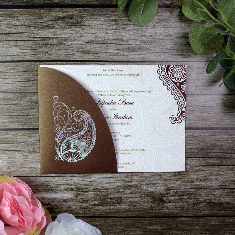 Indian Paisley Chocolate brown Pocket Celebration invitation ABC 510