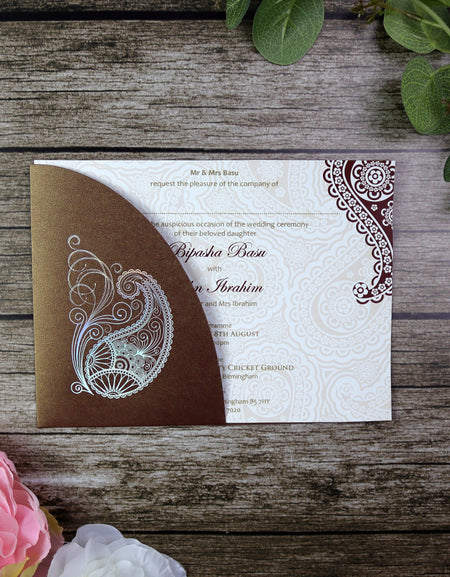 Indian Paisley Chocolate brown Pocket Celebration invitation ABC 510