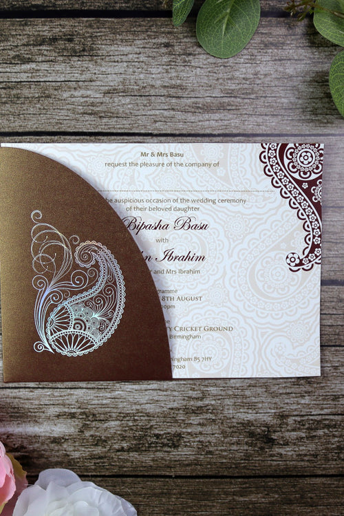 Load image into Gallery viewer, Indian Paisley Chocolate brown Pocket Celebration invitation ABC 510
