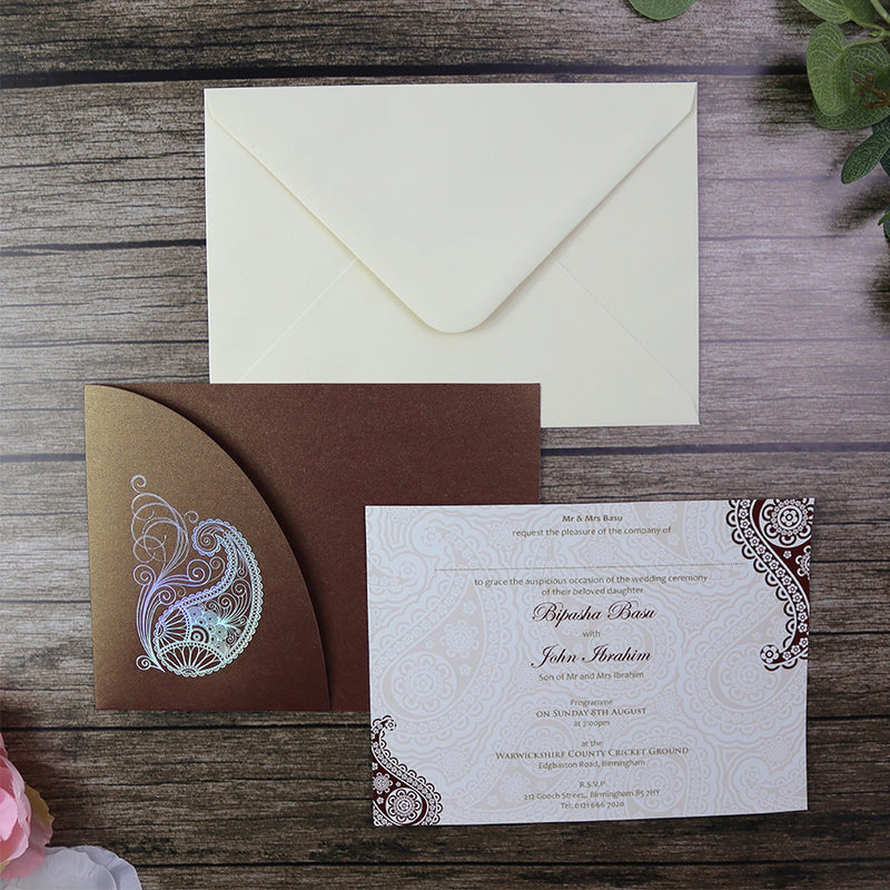 Indian Paisley Chocolate brown Pocket Celebration invitation ABC 510