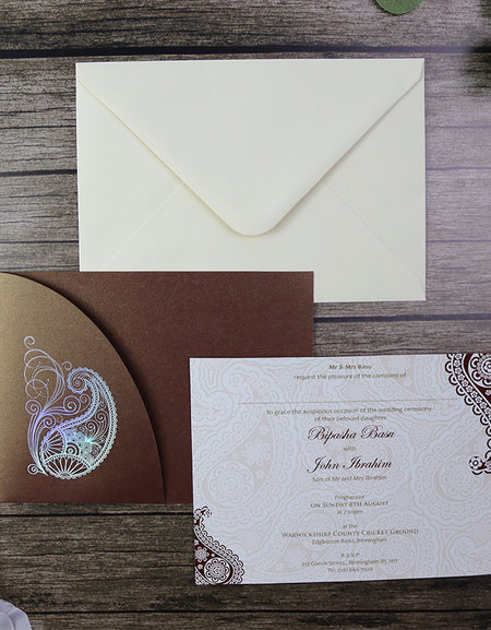 Indian Paisley Chocolate brown Pocket Celebration invitation ABC 510