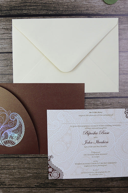 Load image into Gallery viewer, Indian Paisley Chocolate brown Pocket Celebration invitation ABC 510
