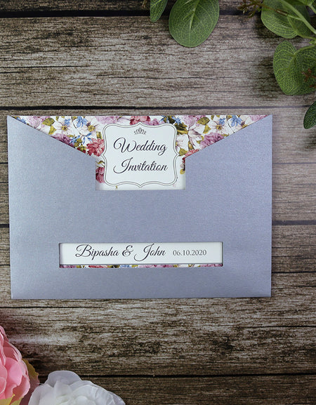 Silver Floral pocket Invitation - ABC 518