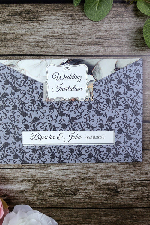 Load image into Gallery viewer, Silver &amp; Black Marble pocket Invitation ABC 518
