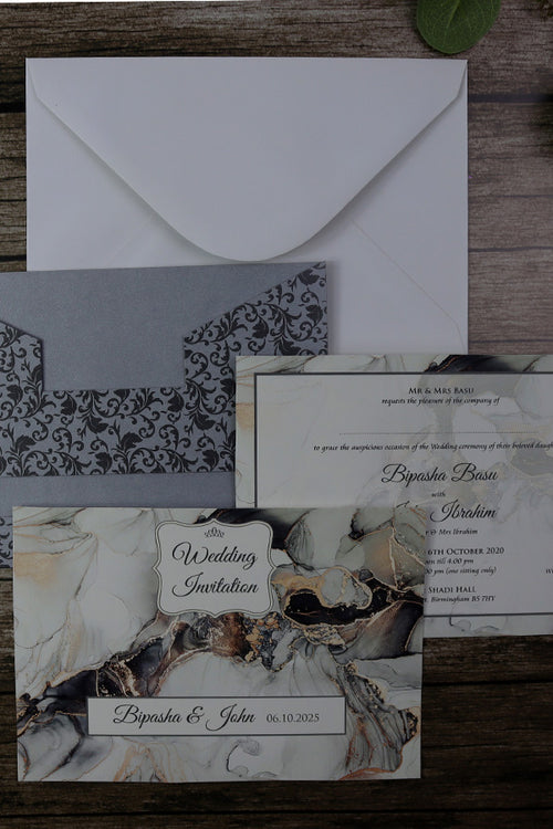 Load image into Gallery viewer, Silver &amp; Black Marble pocket Invitation ABC 518
