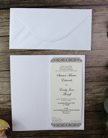 ABC 523 Oyster white wedding invitation whimsical fronds in lavender