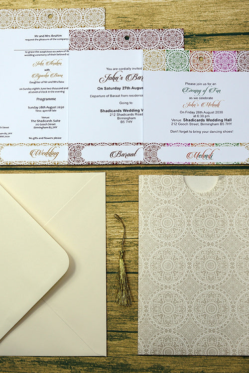 Load image into Gallery viewer, ABC 589 A5 Sized Damask Design Ivory Pocket Invite
