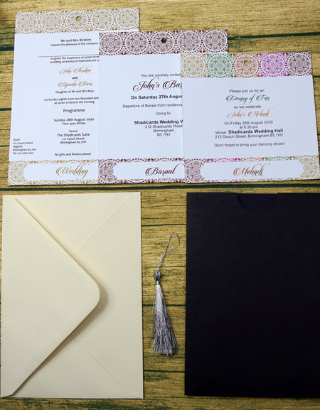 ABC 590 A5 Sized Damask Design Navy Pocket Invite