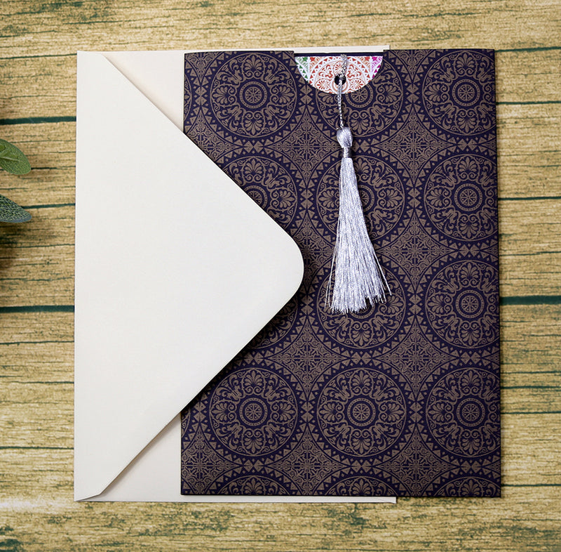 ABC 591 Moroccan Arabesque Tile Blue & Gold A5 Pocket Invitation with Silver Tassel