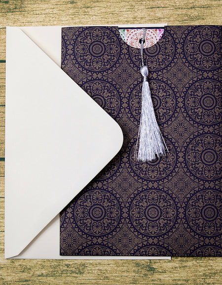 ABC 591 Moroccan Arabesque Tile Blue & Gold A5 Pocket Invitation with Silver Tassel