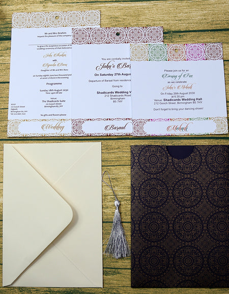 ABC 591 Moroccan Arabesque Tile Blue & Gold A5 Pocket Invitation with Silver Tassel
