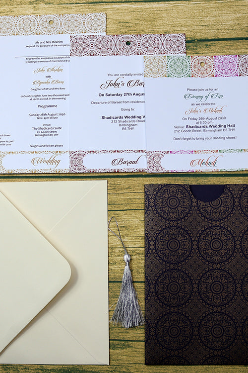 Load image into Gallery viewer, ABC 591 Moroccan Arabesque Tile Blue &amp; Gold A5 Pocket Invitation with Silver Tassel
