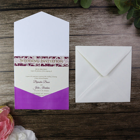Square pocket invite with gold filigree floral design on purple background