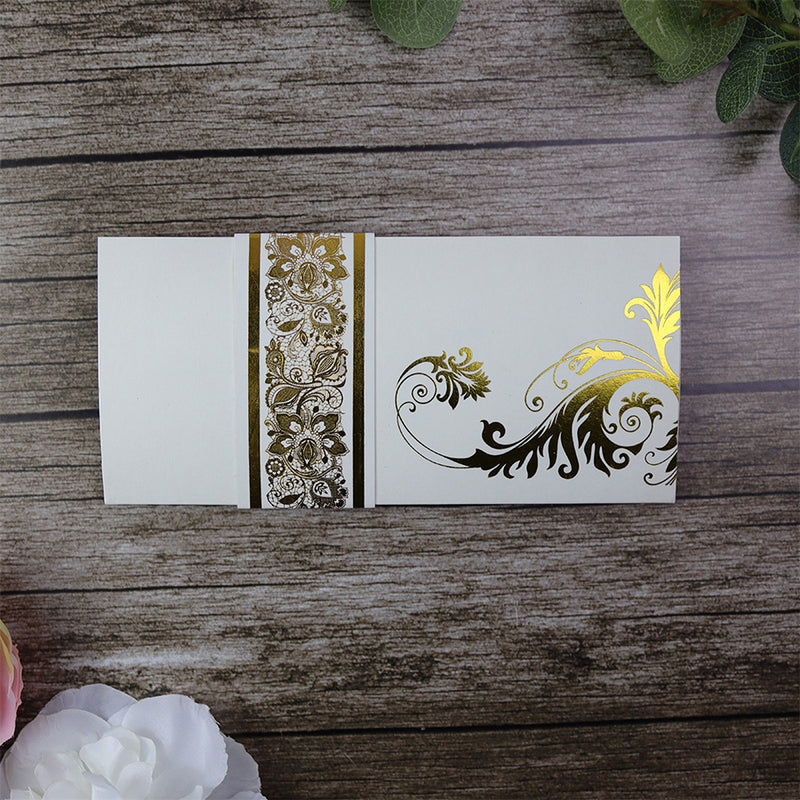 Gold letterpress foiled A4 3 fold Floral accent band invitation ABC 616