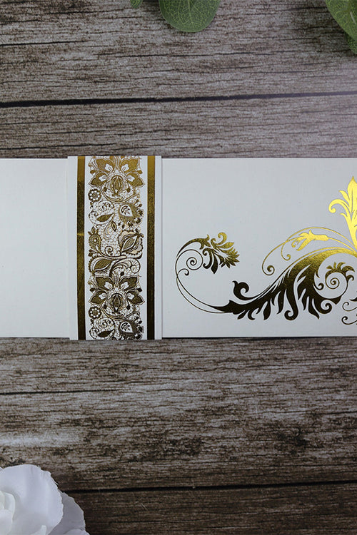 Load image into Gallery viewer, Gold letterpress foiled A4 3 fold Floral accent band invitation ABC 616
