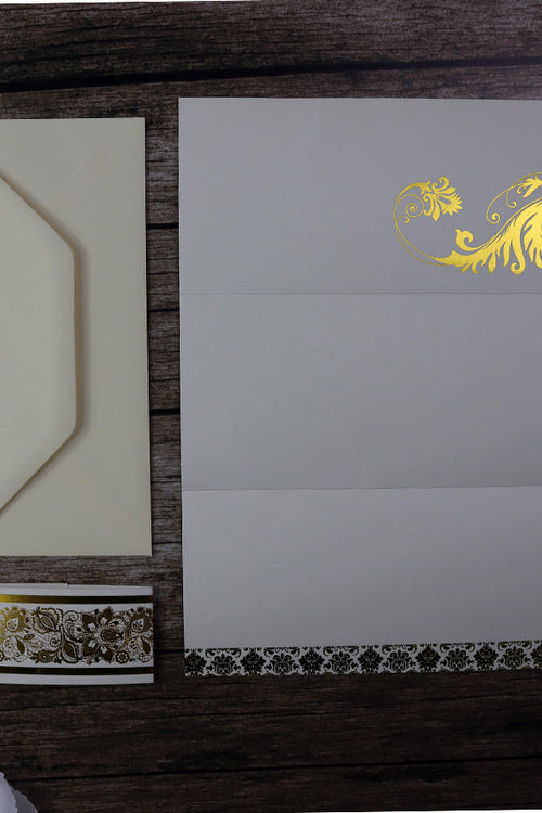 Load image into Gallery viewer, Gold letterpress foiled A4 3 fold Floral accent band invitation ABC 616
