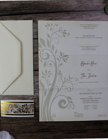 Gold letterpress foiled A4 3 fold Floral accent band invitation ABC 616