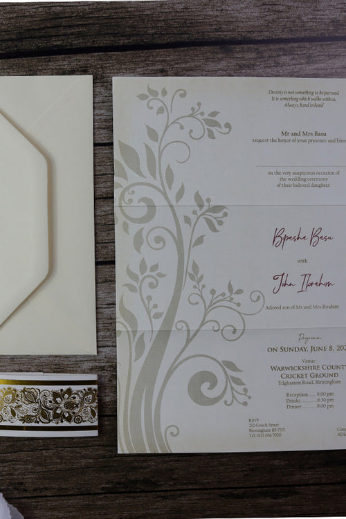 Load image into Gallery viewer, Gold letterpress foiled A4 3 fold Floral accent band invitation ABC 616
