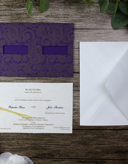 ABC 676 twin window Pocket invitation in purple & gold