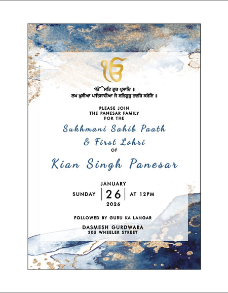 Akhand and sukhmani sahab path invitation card design with ek on kar and Punjabi text writing with blue and gold abstract ink design