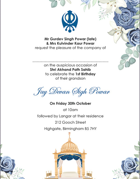 Blue and Green Rose Floral Akhand Paath Invitation Card in A5