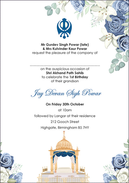 Blue and Green Rose Floral Akhand Paath Invitation Card in A5