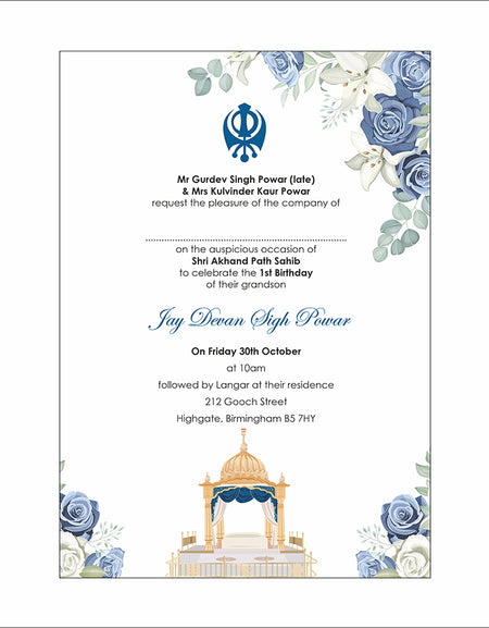 Akhand and sukhmani sahab path invitation card design with Khanda and punjabi writting with Blue floral design with and gurdwara