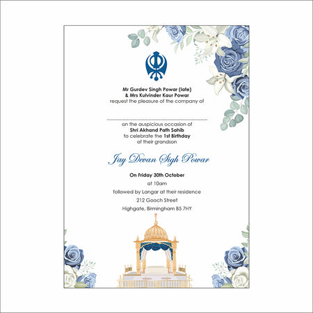 Akhand and sukhmani sahab path invitation card design with Khanda and punjabi writting with Blue floral design with and gurdwara