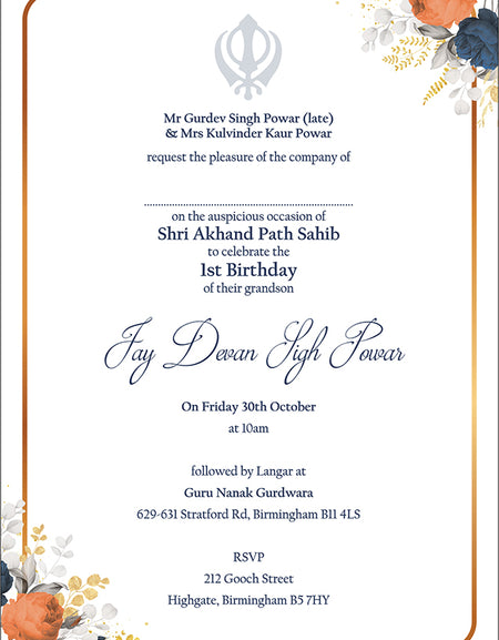 Shri Akhand Paath Invitation Card for Punjabi Desi Party Event in A5 Size with Blue and Orange Floral Border