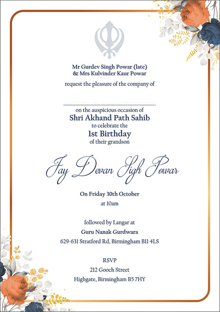 Shri Akhand Paath Invitation Card for Punjabi Desi Party Event in A5 Size with Blue and Orange Floral Border