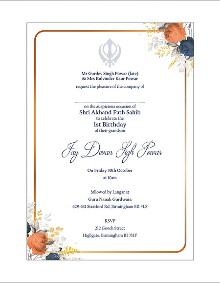 Akhand and sukhmani sahab path invitation card design with Khanda and punjabi writing with floral blue design
