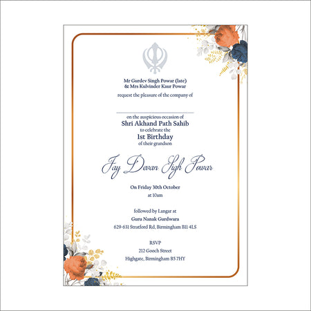 Akhand and sukhmani sahab path invitation card design with Khanda and punjabi writing with floral blue design