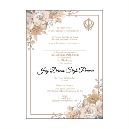 Brown and ivory flowers outline on this Sukhmani Sahib Parth Invitation Party Card