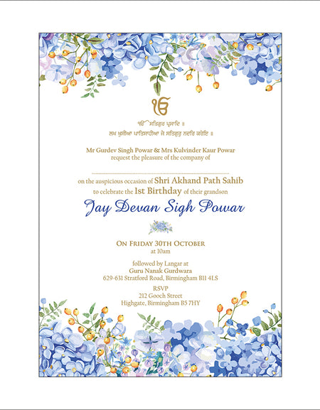 Akhand and sukhmani sahab path invitation 
card design with ek on kar and punjabi writting with floral blue design
