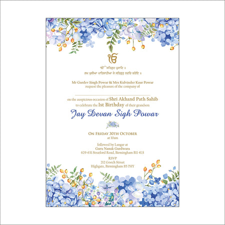 Akhand and sukhmani sahab path invitation 
card design with ek on kar and punjabi writting with floral blue design